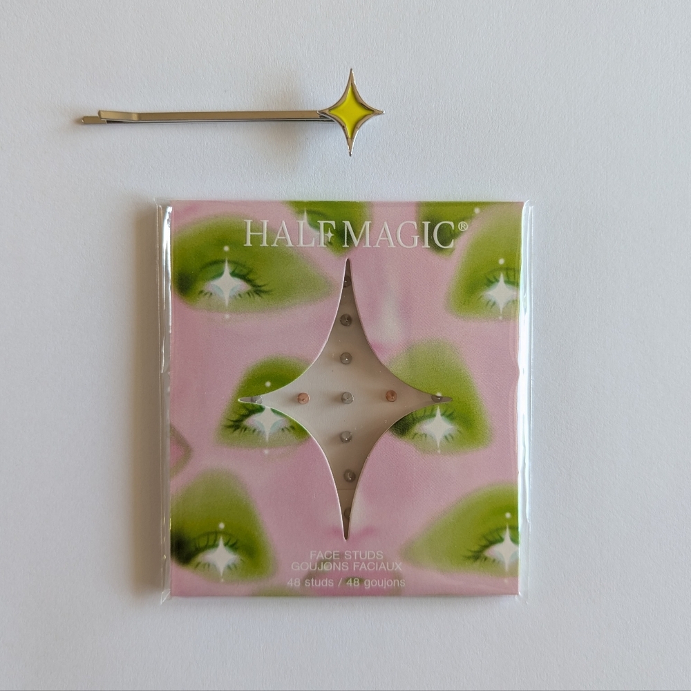 💎 NWT - HALF MAGIC Bold Metallic Self-Adhesive Face Studs 48 Count + Hair clip